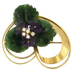 18k Gold Brooch with Amethyst, Jade, and Diamond 0.25ct