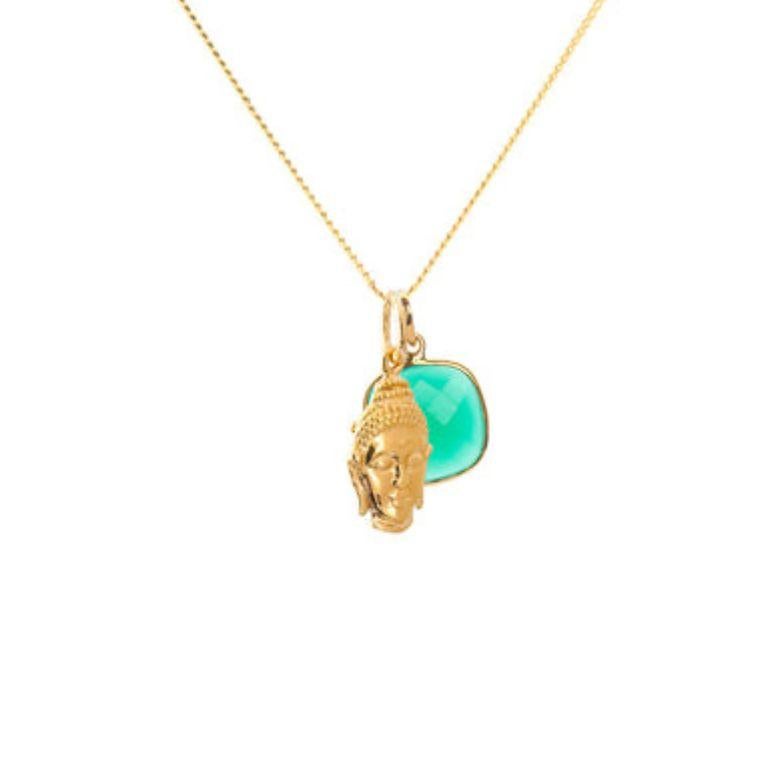 Women's or Men's 18K Gold Buddha Amulet + Turquoise Throat Chakra Pendant Necklace For Sale