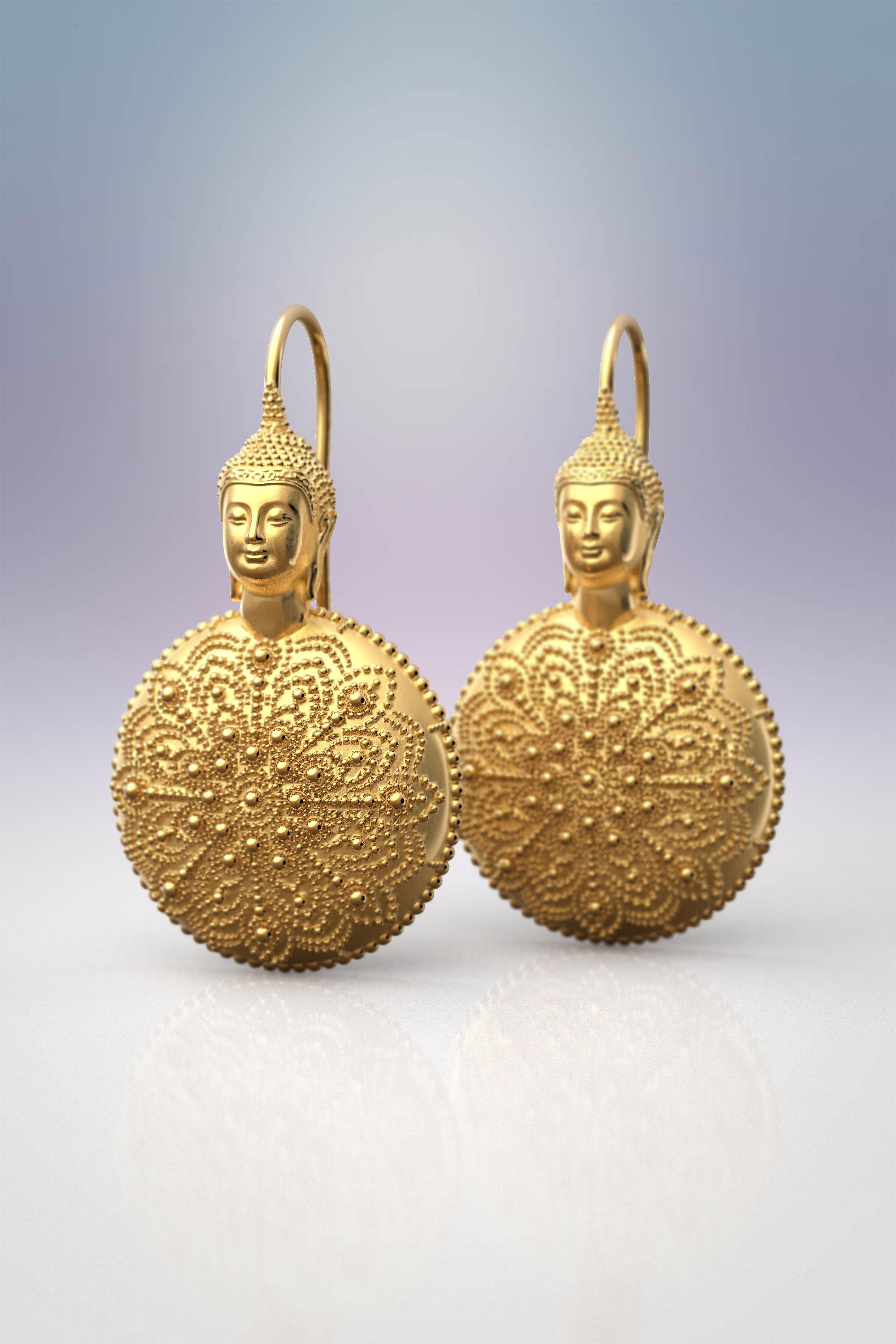 Modern 18k Gold Buddha Earrings, Meditation Gift, Spiritual Jewelry Made in Italy For Sale