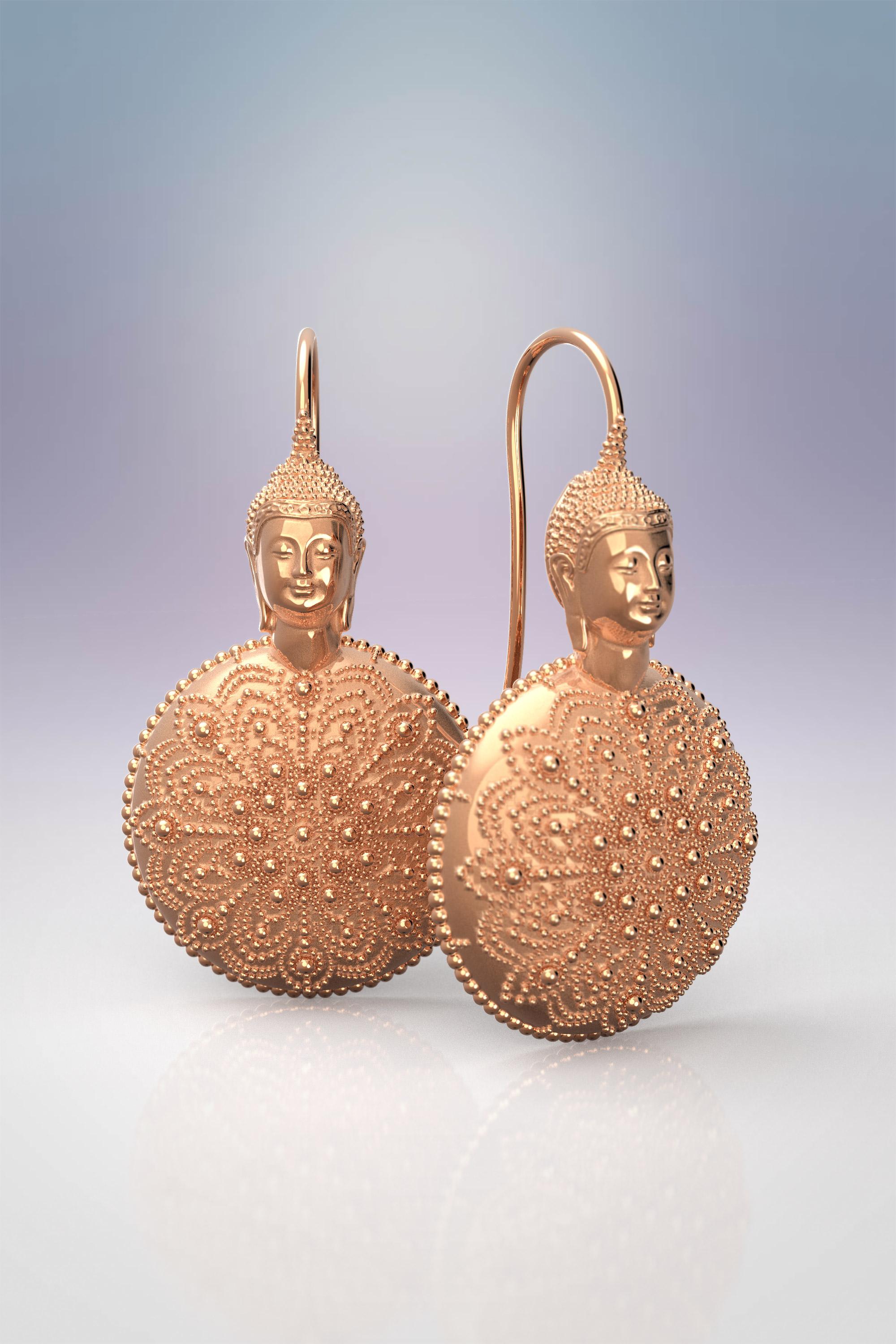 18k Gold Buddha Earrings, Meditation Gift, Spiritual Jewelry Made in Italy For Sale 3