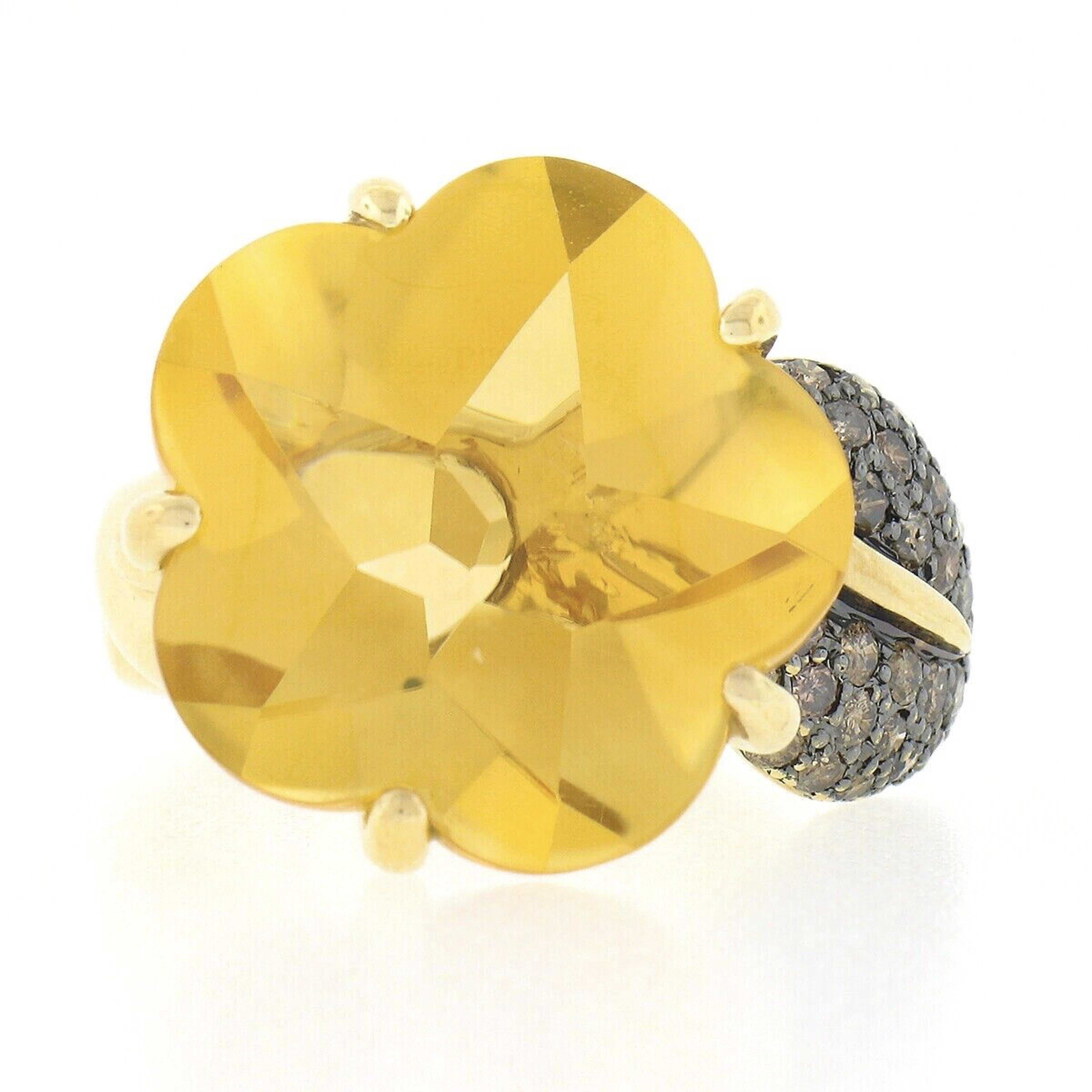 Round Cut 18K Gold Buff Top Citrine Flower w/ Fancy Brown Pave Diamond Leaf Cocktail Ring For Sale