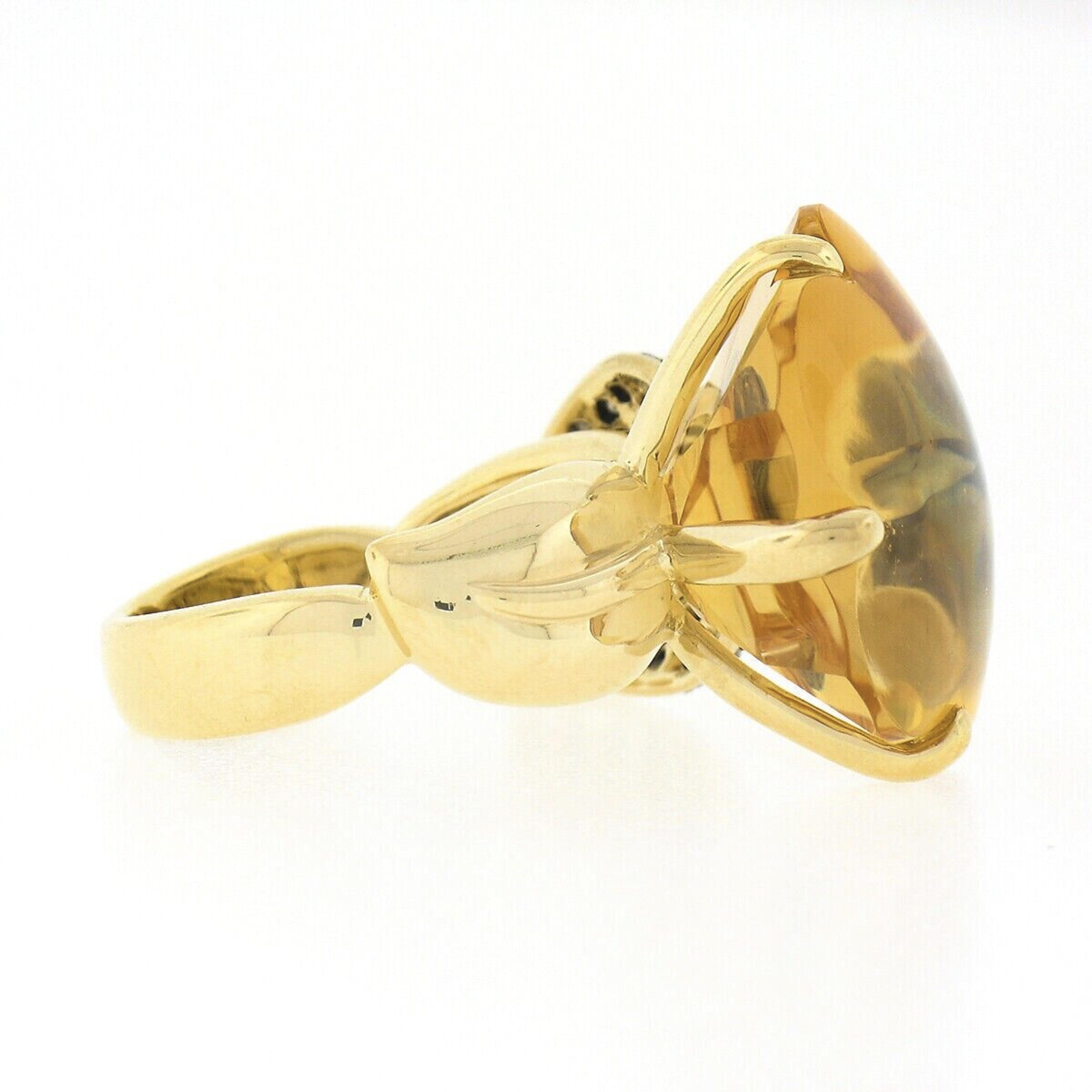 18K Gold Buff Top Citrine Flower w/ Fancy Brown Pave Diamond Leaf Cocktail Ring In Good Condition For Sale In Montclair, NJ