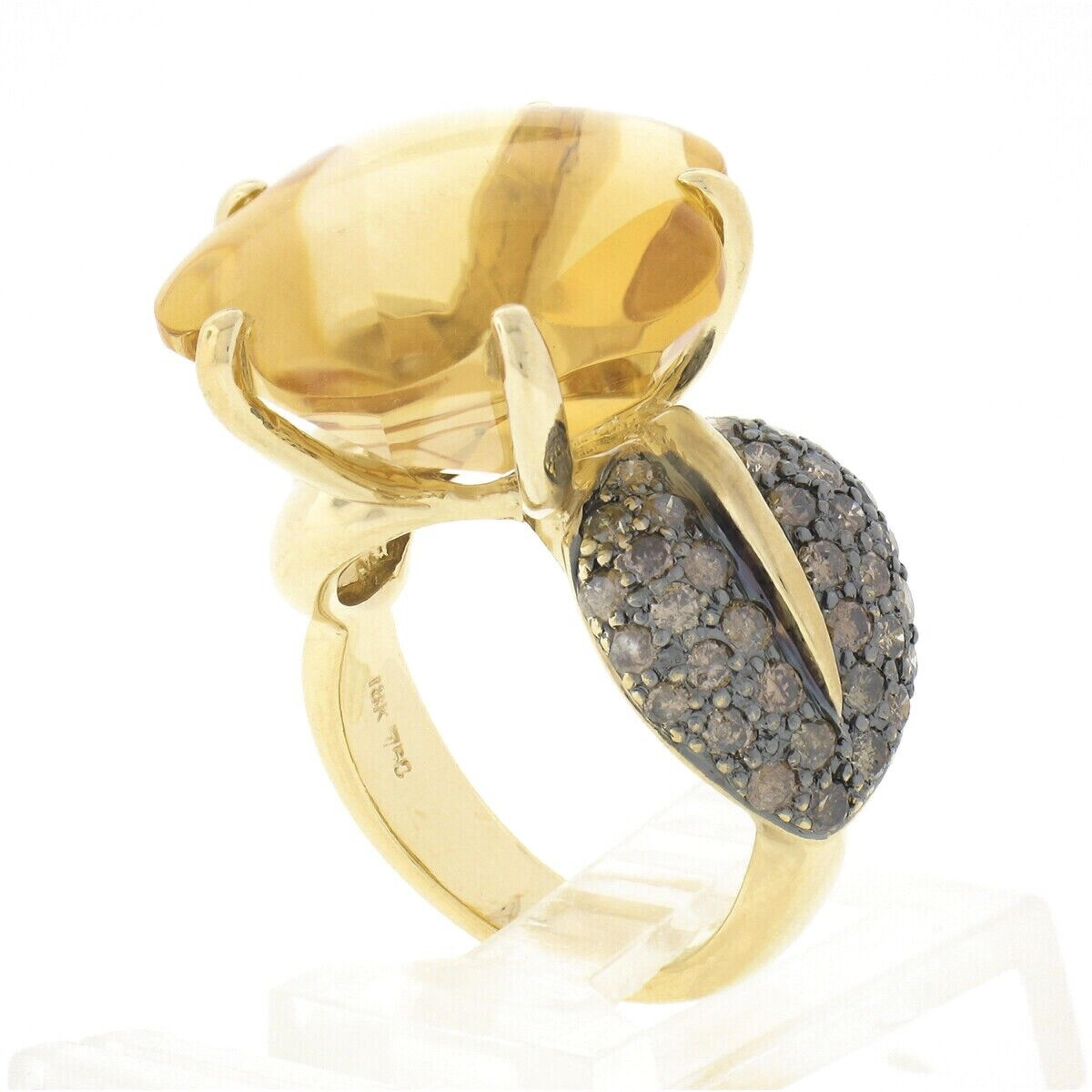 18K Gold Buff Top Citrine Flower w/ Fancy Brown Pave Diamond Leaf Cocktail Ring For Sale 3