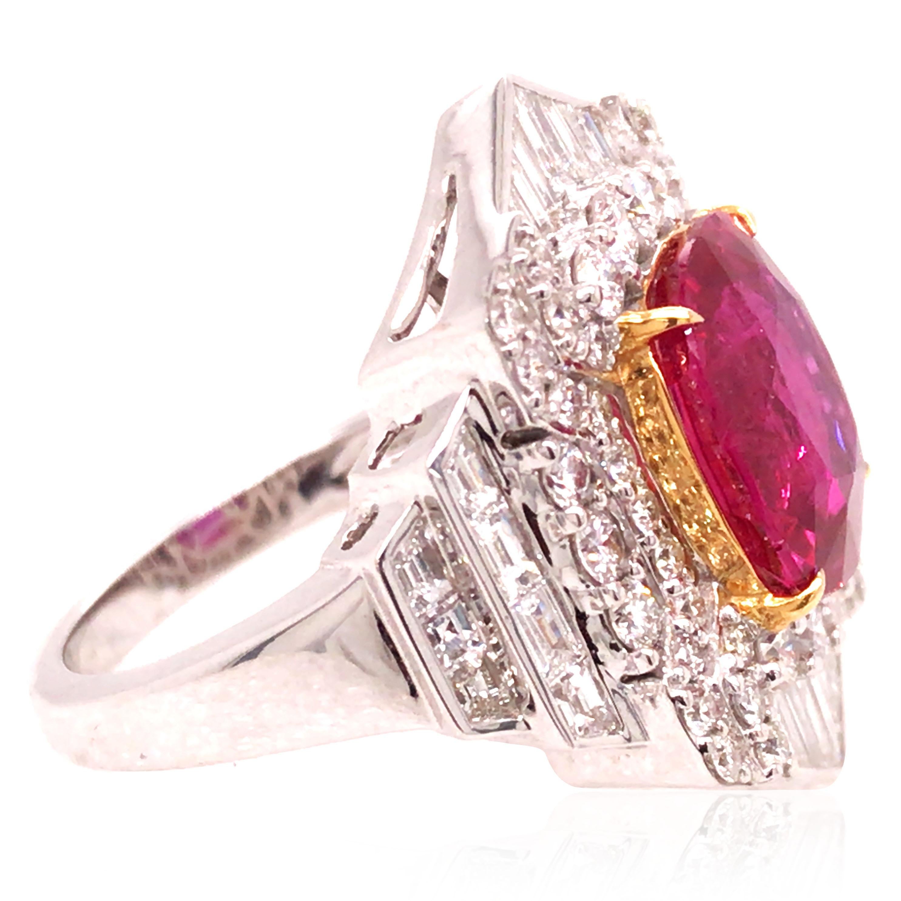 Cushion Cut 18K Gold Burma no-heat Ruby Diamond Ring, AGL