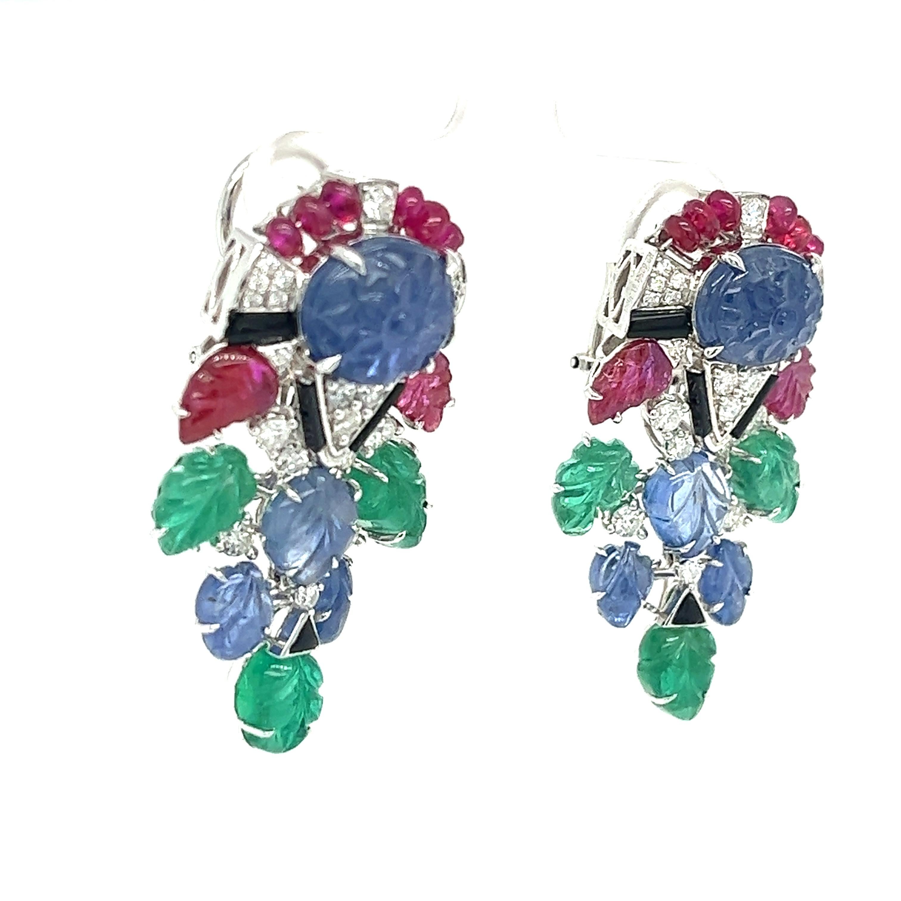 Modern 18K Gold Unheated Burma Ruby & Sapphire & Sapphire Earrings with Diamonds For Sale