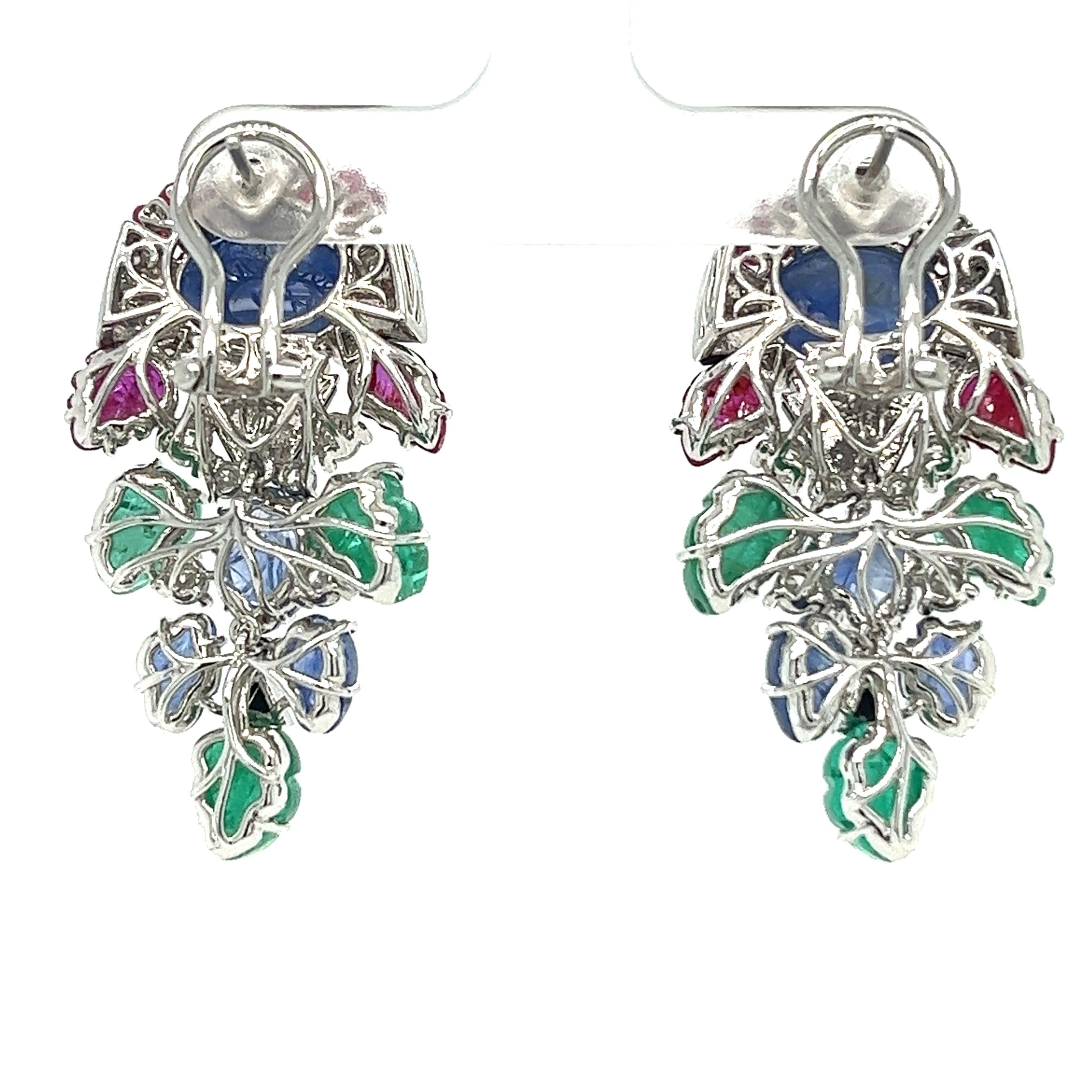 Round Cut 18K Gold Unheated Burma Ruby & Sapphire & Sapphire Earrings with Diamonds For Sale