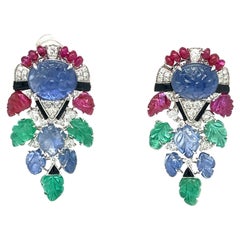 18K Gold Burma Ruby & Sapphire & Sapphire Earrings with Diamonds