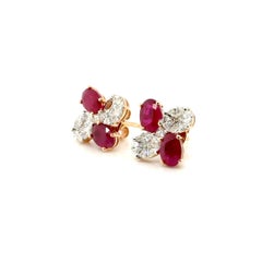18k Gold Burmese Ruby Cts 2.37 and Marquise and Princess-Cut Diamond Earrings
