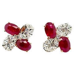 18k Gold Burmese Ruby Cts 2.37 and Marquise and Princess-Cut Diamond Earrings