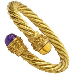18K Gold Byzantine Style Amethyst & Citrine Cuff Bracelet