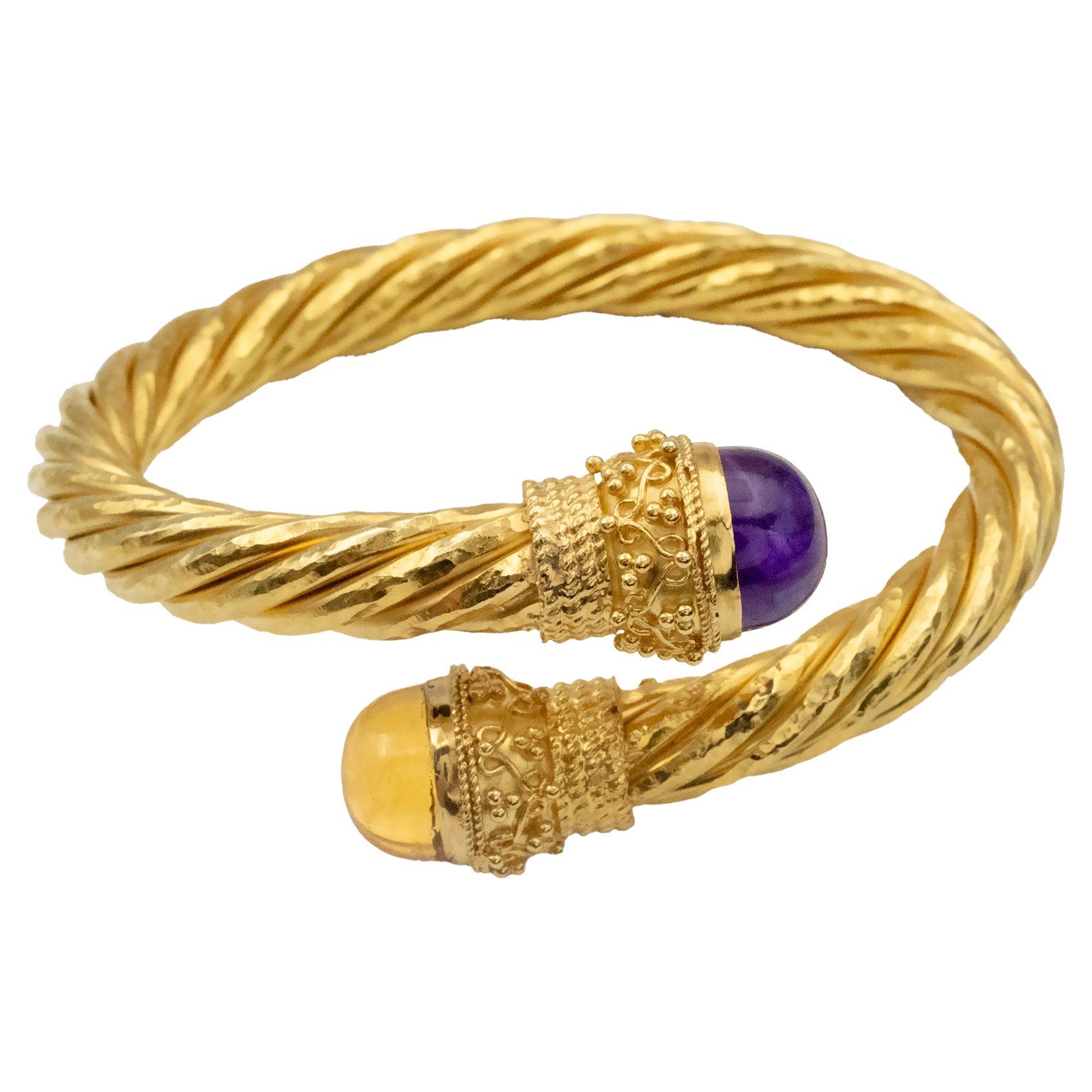 18K Gold Byzantine Style Amethyst & Citrine Cuff Bracelet