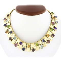 18K Gold Cabochon Bezel Multicolor Gemstone Fancy Link Collar Choker Necklace