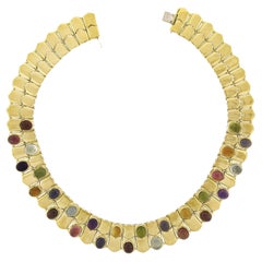 18K Gold Cabochon Bezel Multicolor Gemstone Fancy Link Collar Choker Necklace