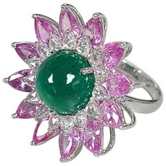 18K Gold Cabochon Emerald, Pear Pink Sapphire and Rose Cut Diamond Cocktail Ring