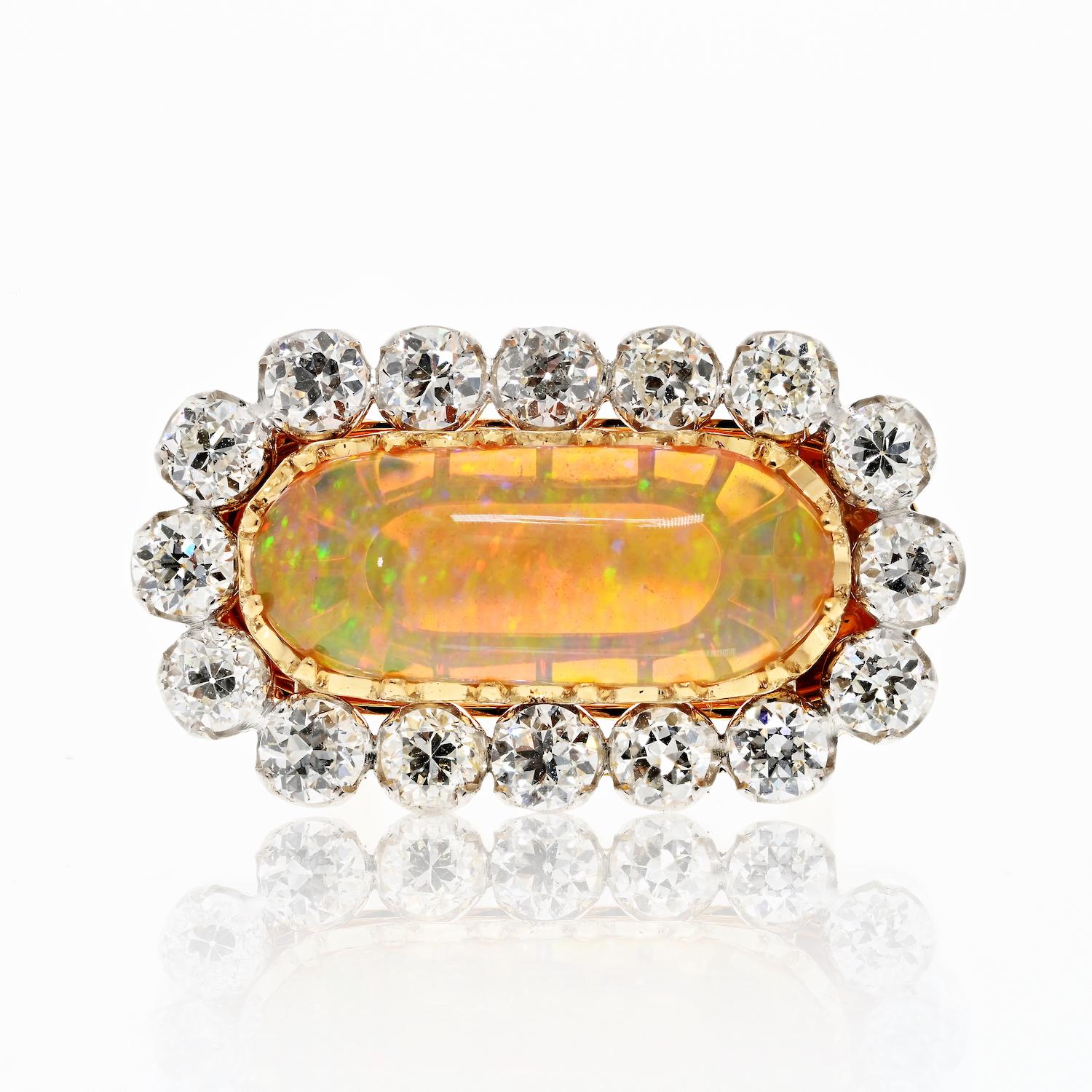 One of a Kind Opal Elegance: A Ring Beyond Compare.

Indulge in opulence with this truly exceptional one-of-a-kind ring featuring an East-West oval cabochon opal cut. This opal's fiery play of colors, set against the rich warmth of 18k yellow gold,