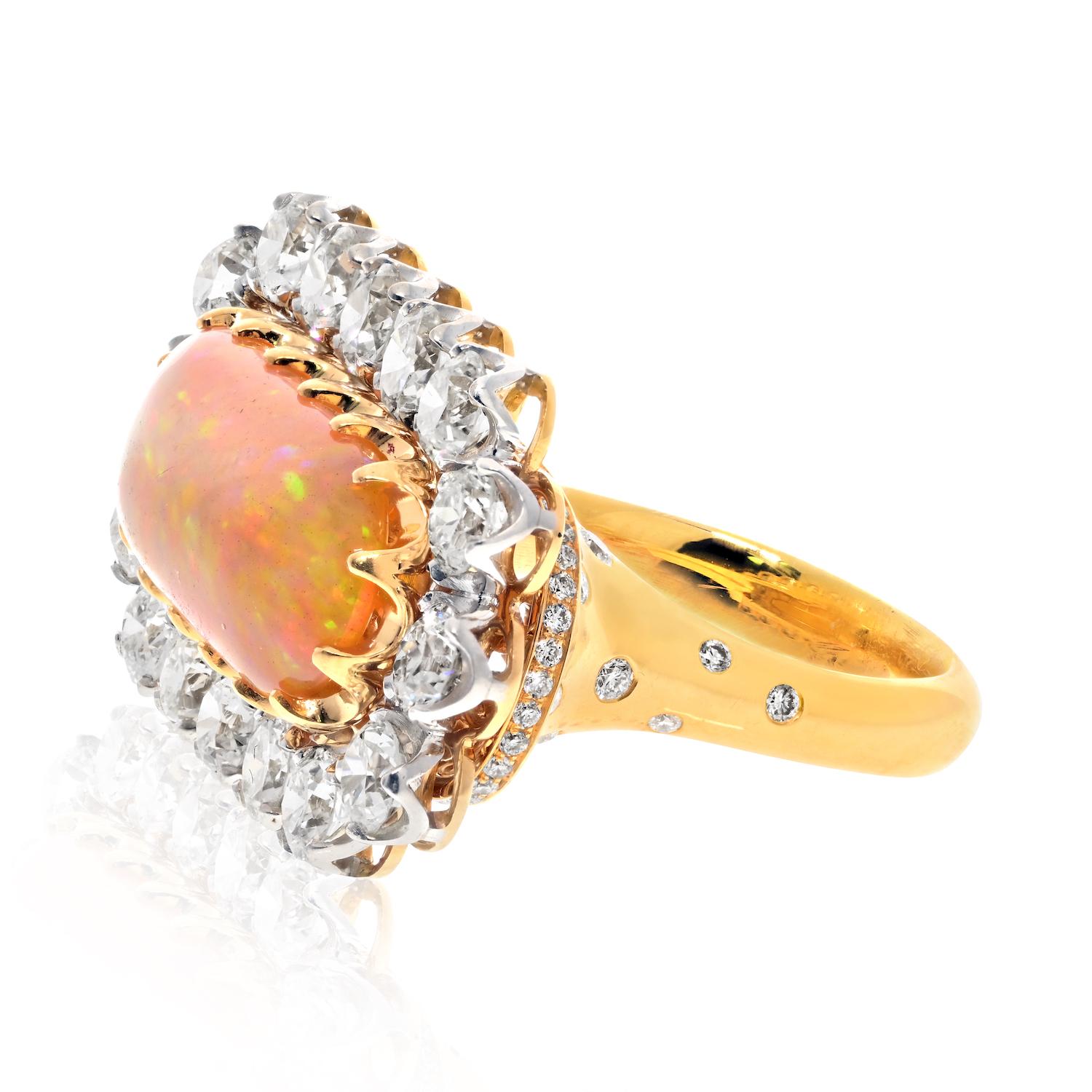 Contemporary 18K Gold Cabochon Opal, Old Mine Diamond Halo Cocktail Ring For Sale