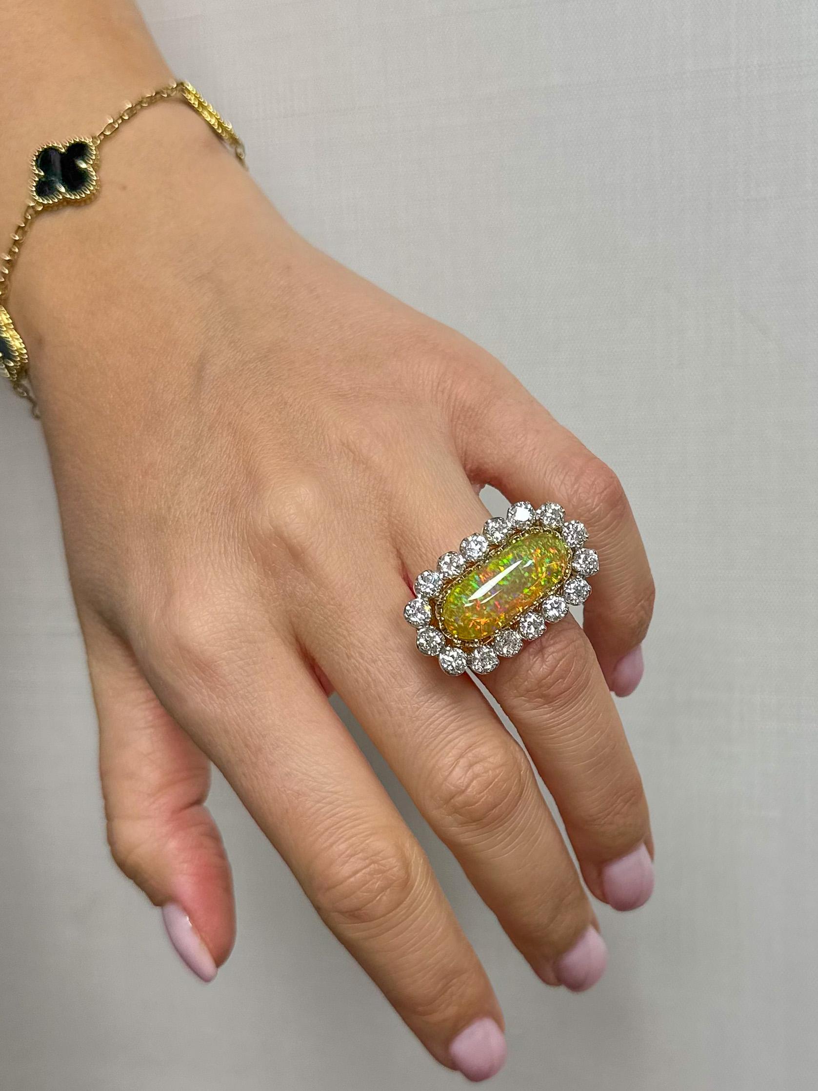 18K Gold Cabochon Opal, Old Mine Diamond Halo Cocktail Ring For Sale 2