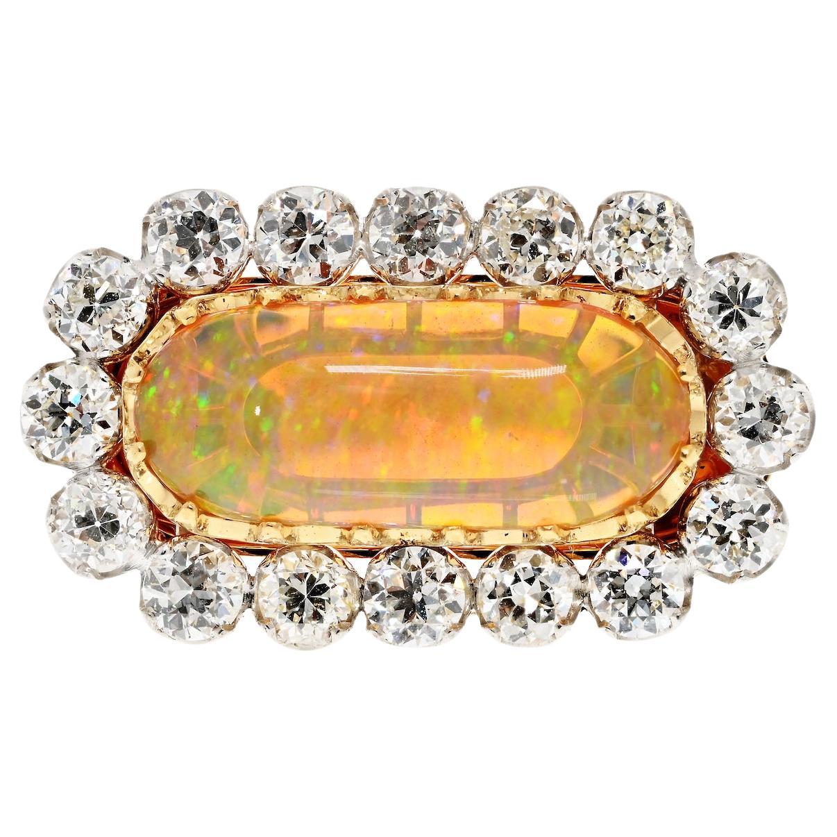 18K Gold Cabochon Opal, Old Mine Diamond Halo Cocktail Ring For Sale