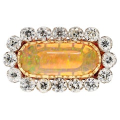 18K Gold Cabochon Opal, Old Mine Diamond Halo Cocktail Ring