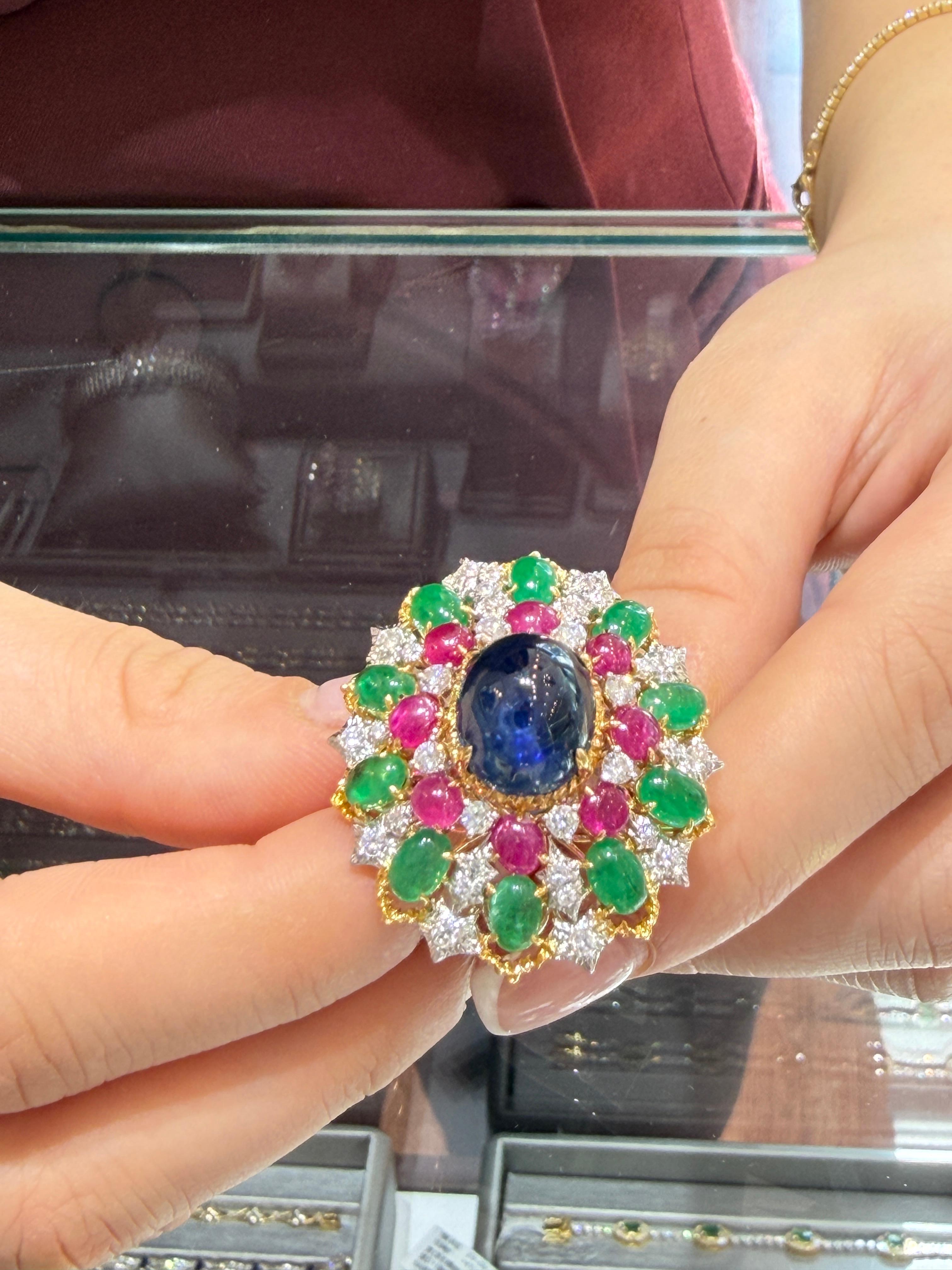 18K Gold Cabochon Saphir Rubin Smaragd Diamant Cocktail Ring 22.35ct Revival im Angebot 4
