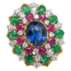 18K Gold Cabochon Sapphire Ruby Emerald Diamond Cocktail Ring 22.35ct Revival