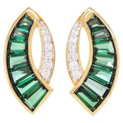 18K Gold Caliber Cut Teal Green Tourmaline Taper Baguette Diamond Stud Earrings