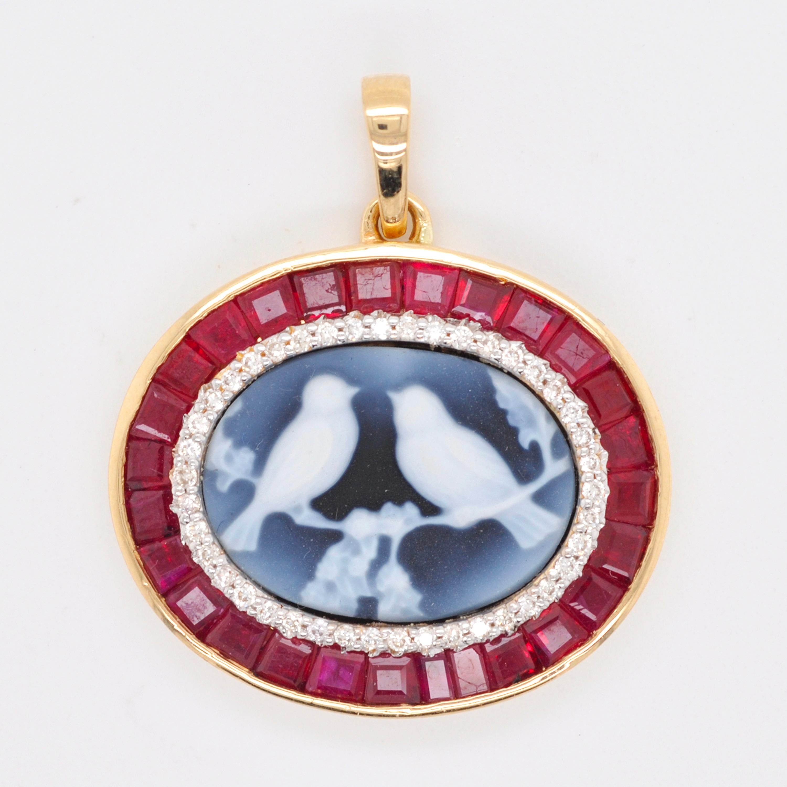 Mixed Cut 18K Gold Calibre Cut Burma Ruby Diamond Carved Love Birds Agate Cameo Pendant  For Sale