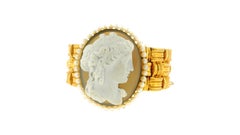 18K Gold Cameo with Pearls Border Woven Links Bracelet