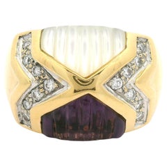 18k Gold Carved Amethyst Mother of Pearl & Diamond 14mm Wide Band Ring