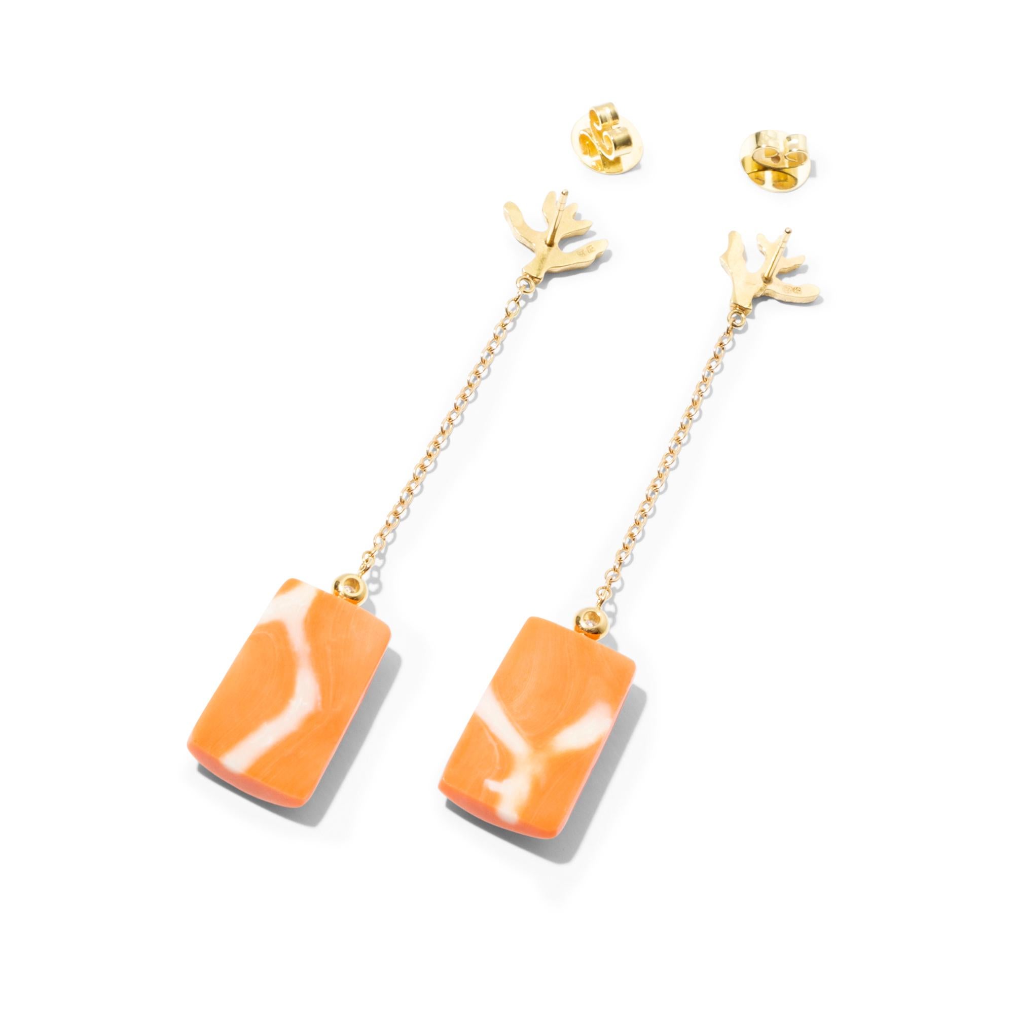 Artisan 18k Gold Carved Coral and Diamond Dangle Earrings For Sale