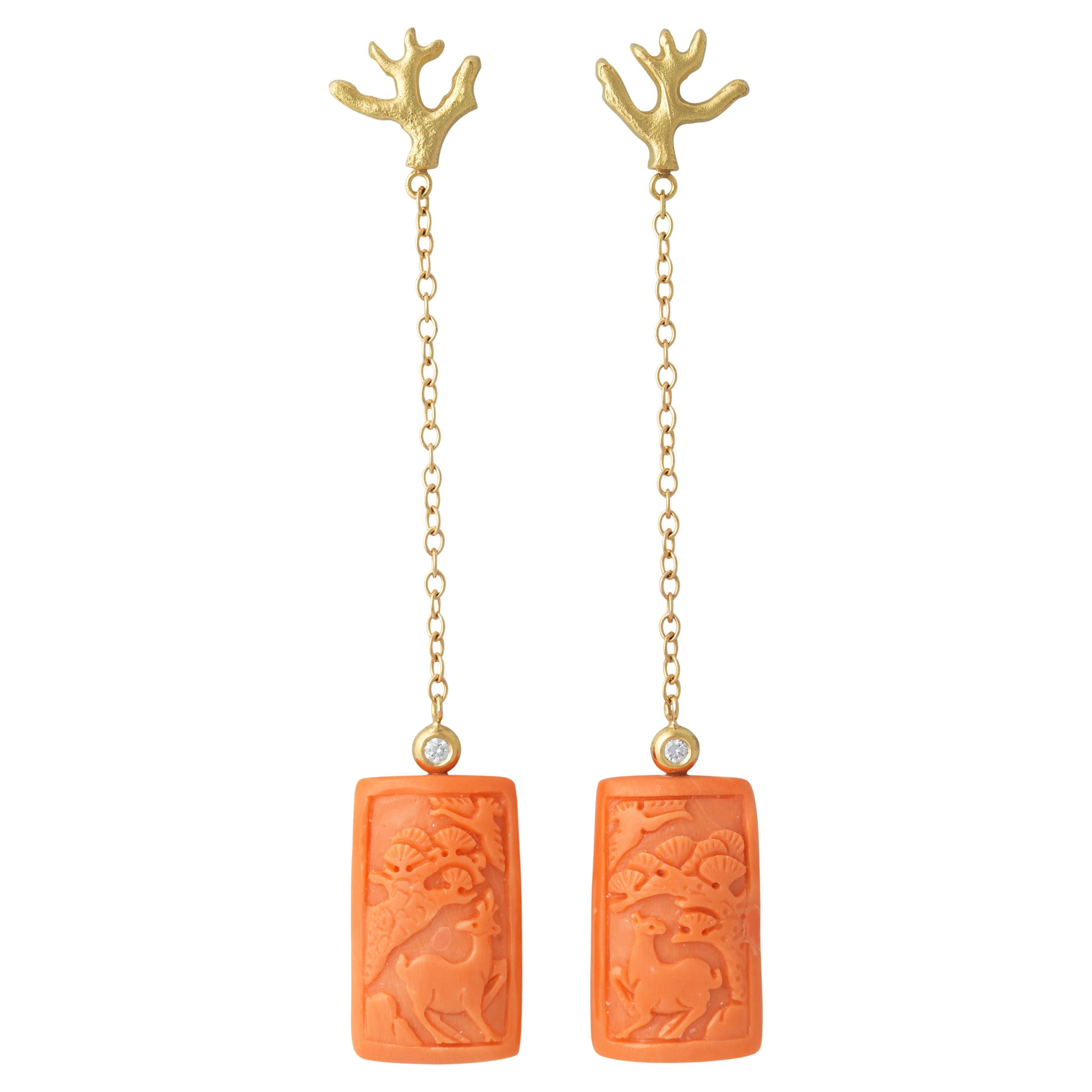 18k Gold Carved Coral and Diamond Dangle Earrings