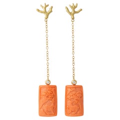 18k Gold Carved Coral and Diamond Dangle Earrings