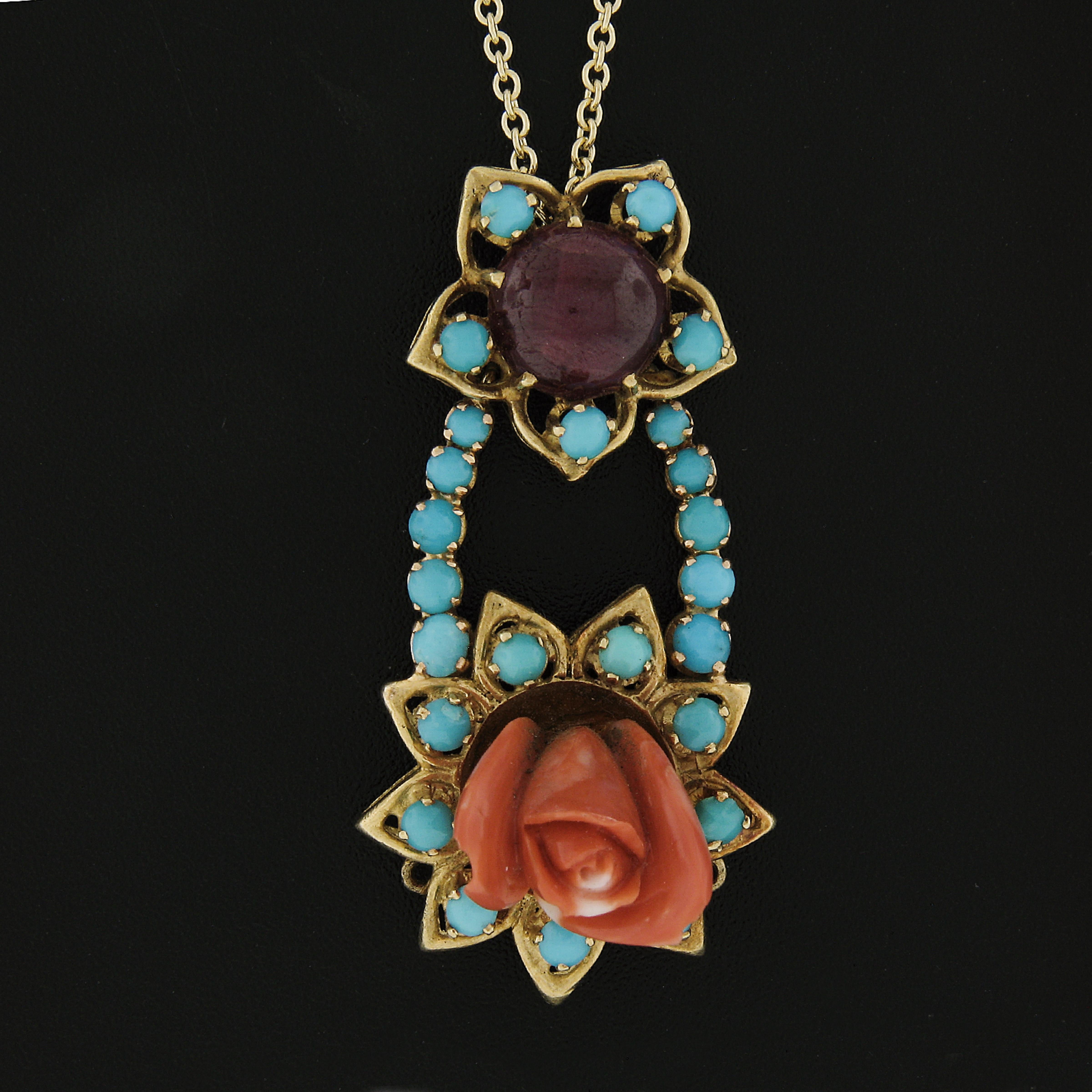 18k Gold geschnitzt Coral Rose w / Türkis Halo & Rubin-Anhänger & Kette Halskette (Rundschliff) im Angebot