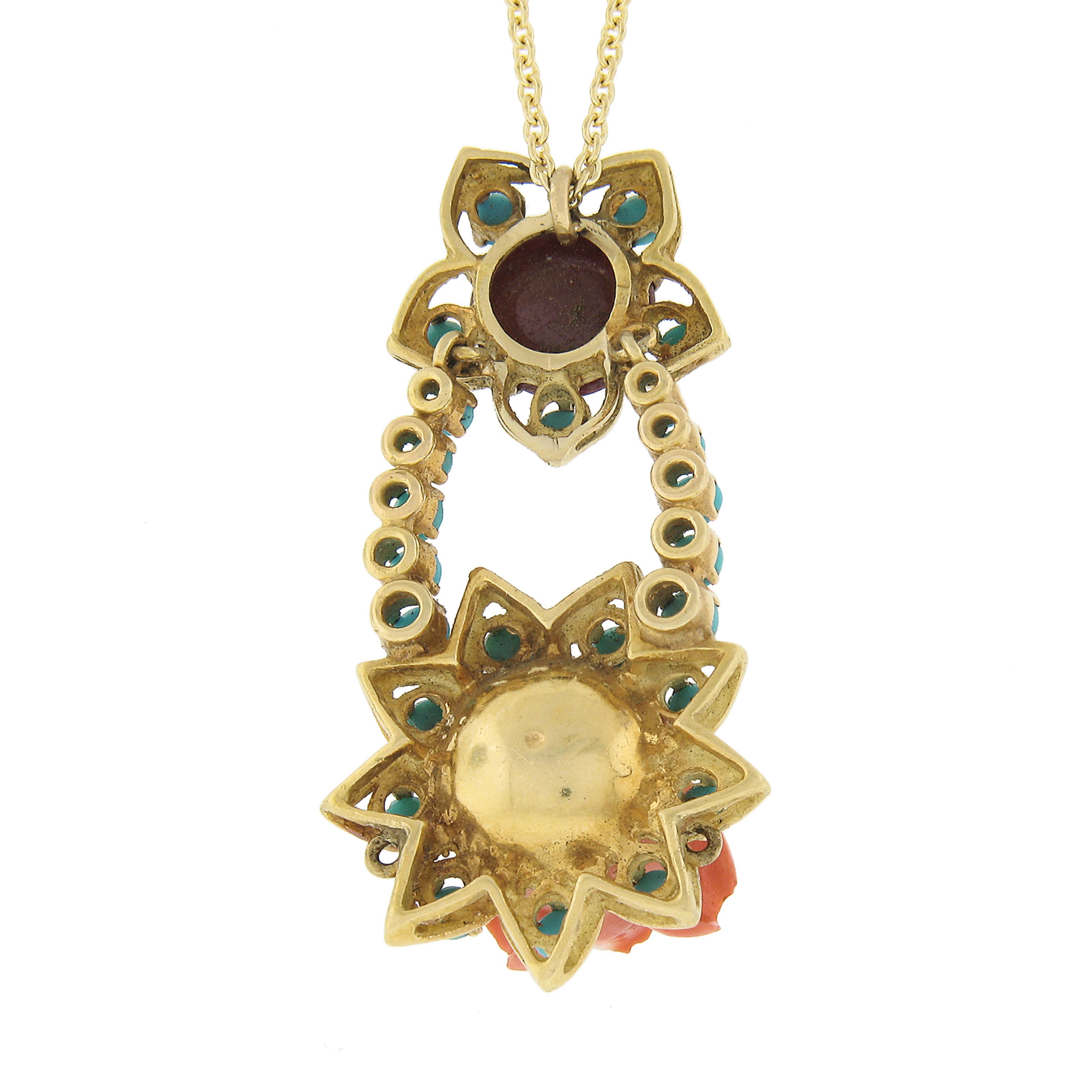 Round Cut 18k Gold Carved Coral Rose w/ Turquoise Halo & Ruby Pendant & Chain Necklace For Sale