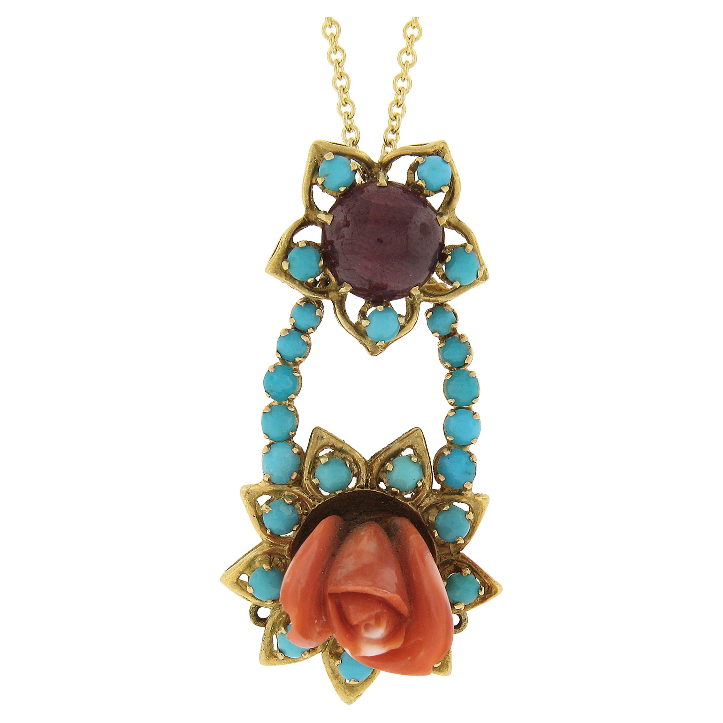 18k Gold Carved Coral Rose w/ Turquoise Halo & Ruby Pendant & Chain Necklace For Sale