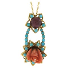 18k Gold Carved Coral Rose w/ Turquoise Halo & Ruby Pendant & Chain Necklace