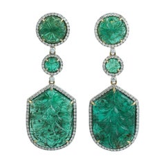 18K Gold Carved Emerald & Diamond Halo Drop Earrings