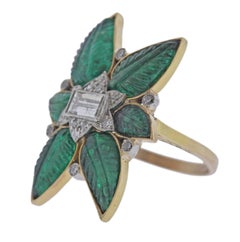 18k Gold Carved Emerald Diamond Ring