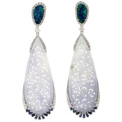 18K Gold Carved Jade & Opal Doublet Drop Earrings with Diamonds and Sapphires
