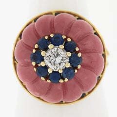 18K Gold Carved Rose Quartz 1.52ctw Sapphire & Diamond Flower High Profile Ring