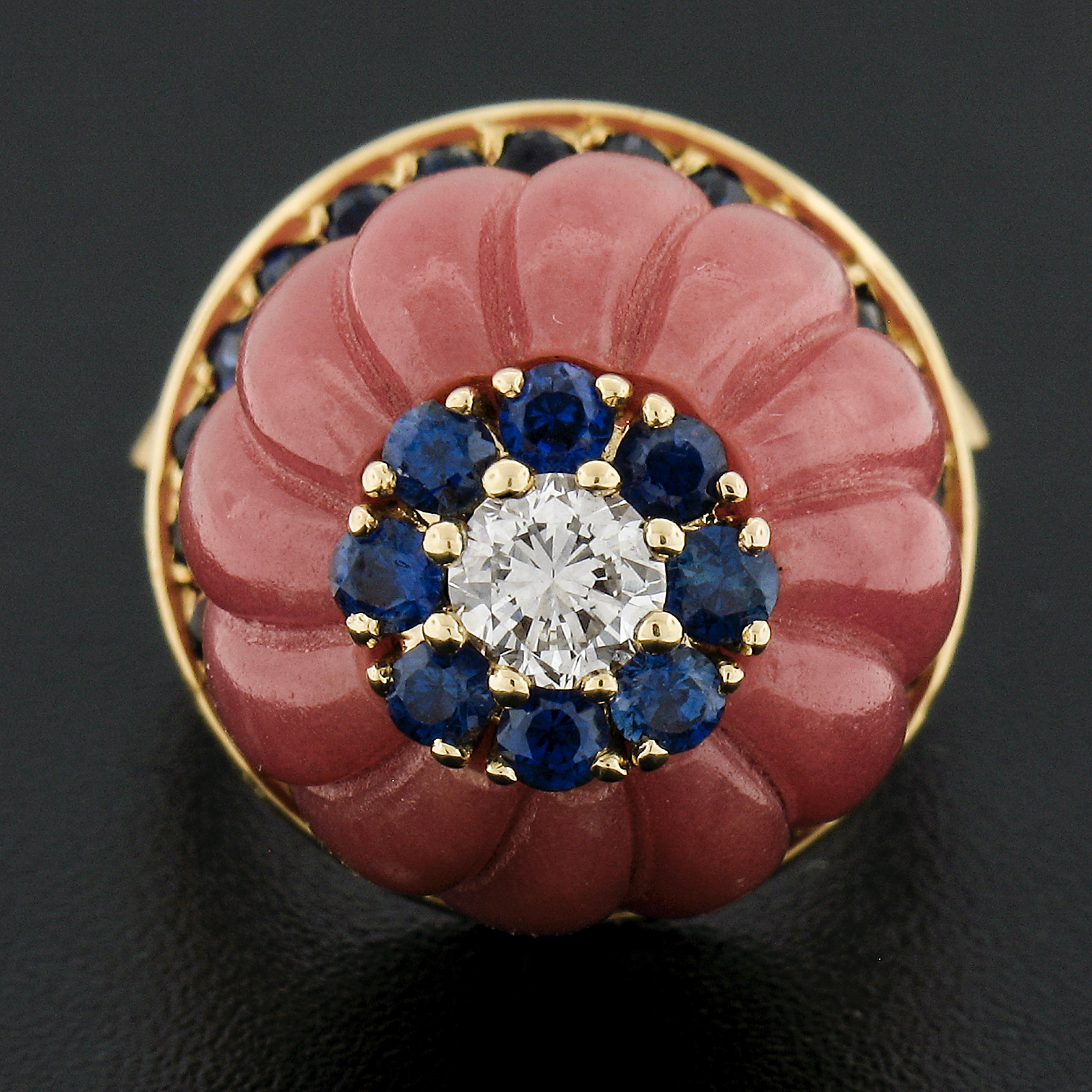 Round Cut 18K Gold Carved Rose Quartz 1.52ctw Sapphire & Diamond Flower High Profile Ring For Sale