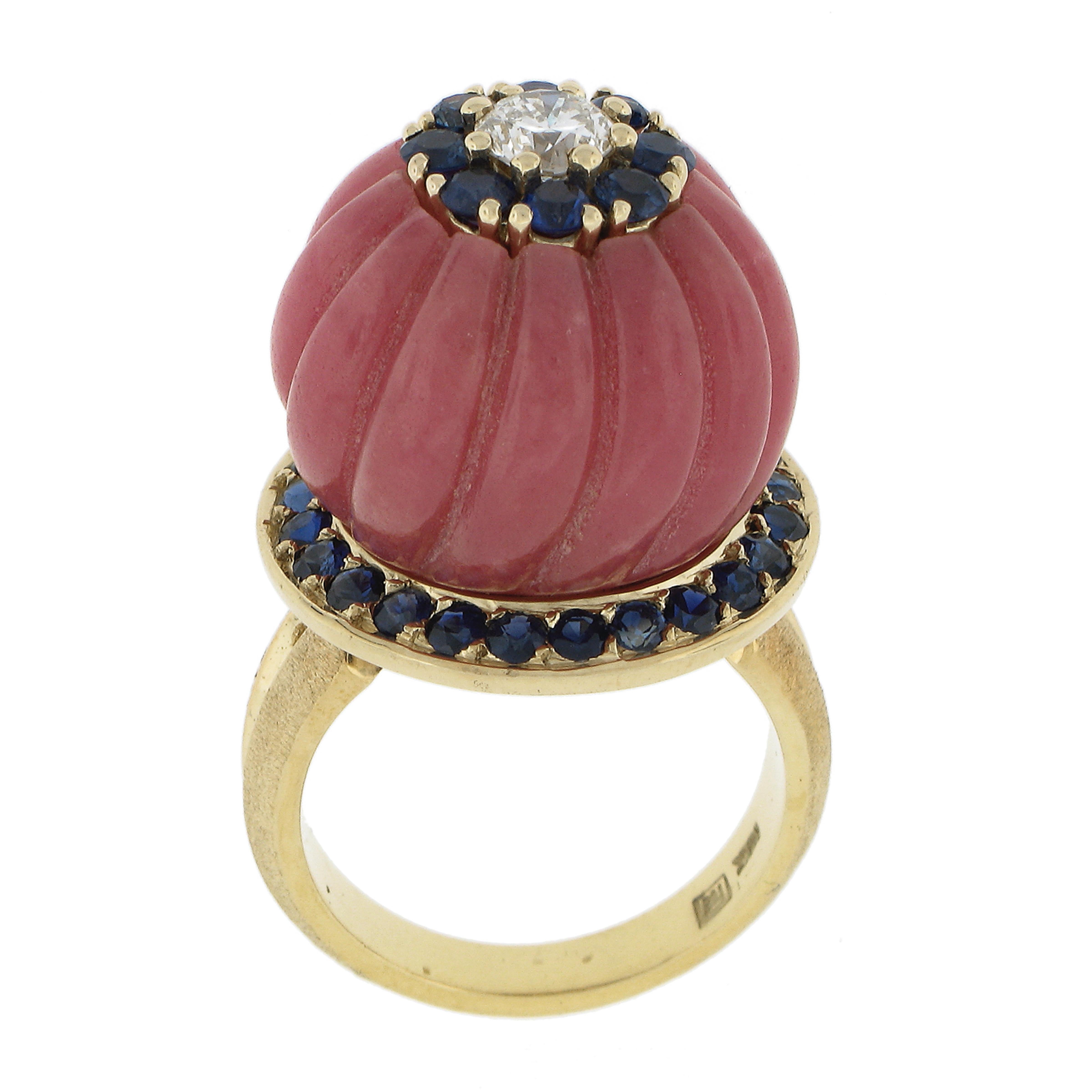 18K Gold Carved Rose Quartz 1.52ctw Sapphire & Diamond Flower High Profile Ring For Sale 2