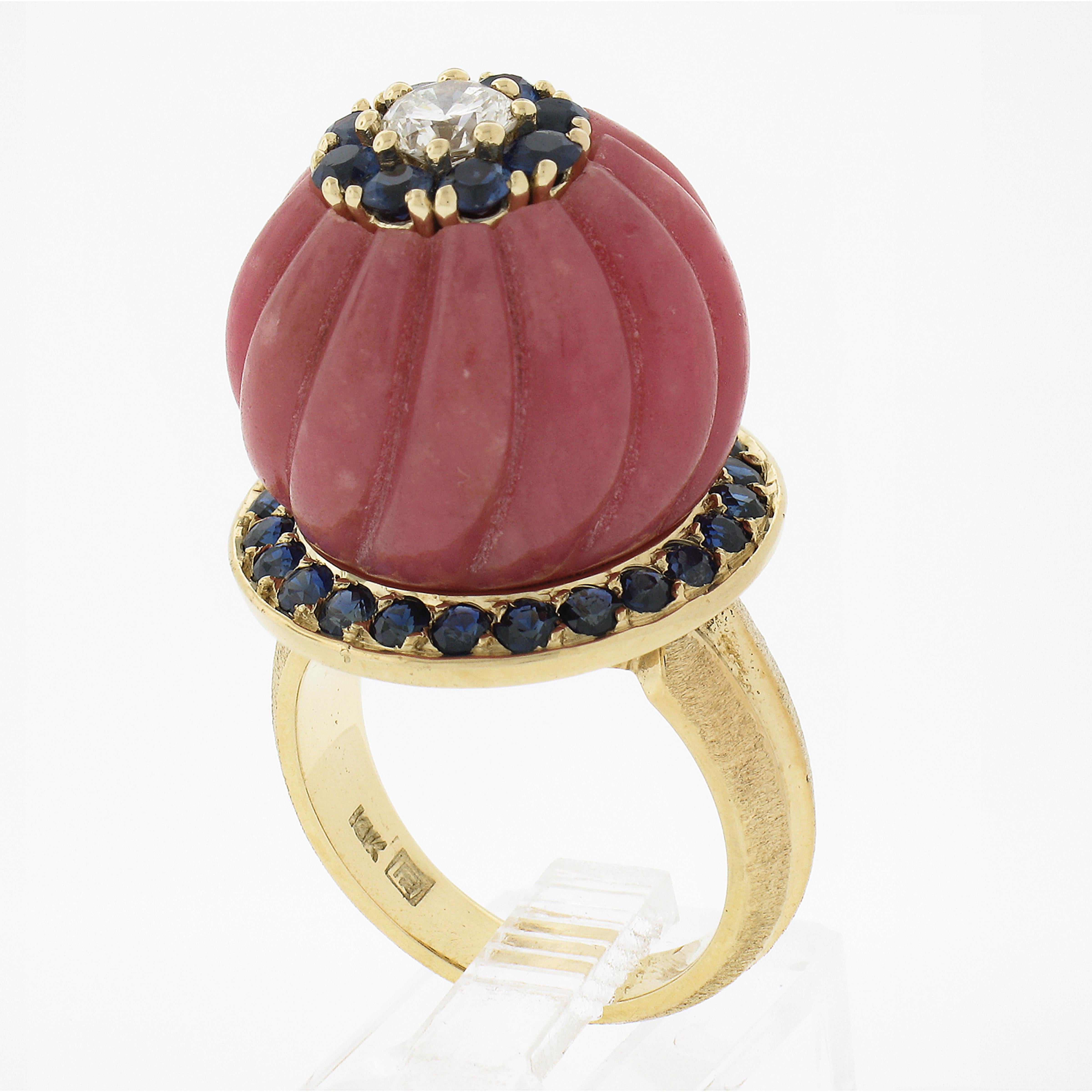 18K Gold Carved Rose Quartz 1.52ctw Sapphire & Diamond Flower High Profile Ring For Sale 3
