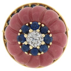 18K Gold Carved Rose Quartz 1.52ctw Sapphire & Diamond Flower High Profile Ring