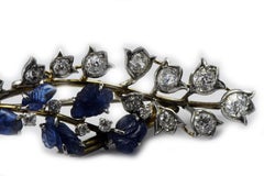 18k Gold Carved Sapphire and 2 Carat Diamond Branch Pendant France 10.4 Grams