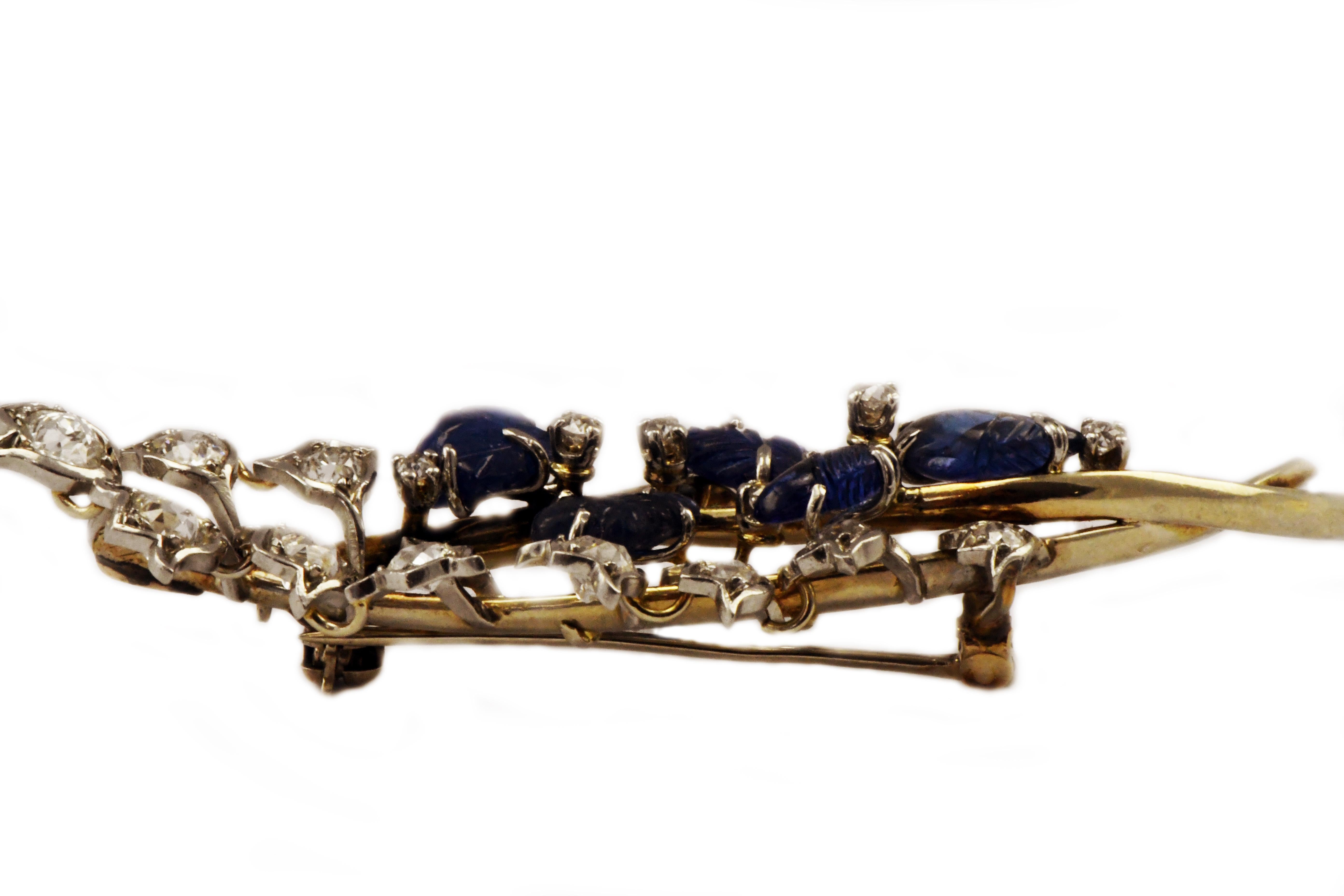Women's 18k Gold Carved Sapphire and 2 Carat Diamond Branch Pendant France 10.4 Grams For Sale