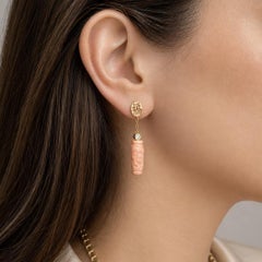 18k Gold Carved Tube Coral Diamond & Chinese Cut Out Top Drop Dangle Earrings