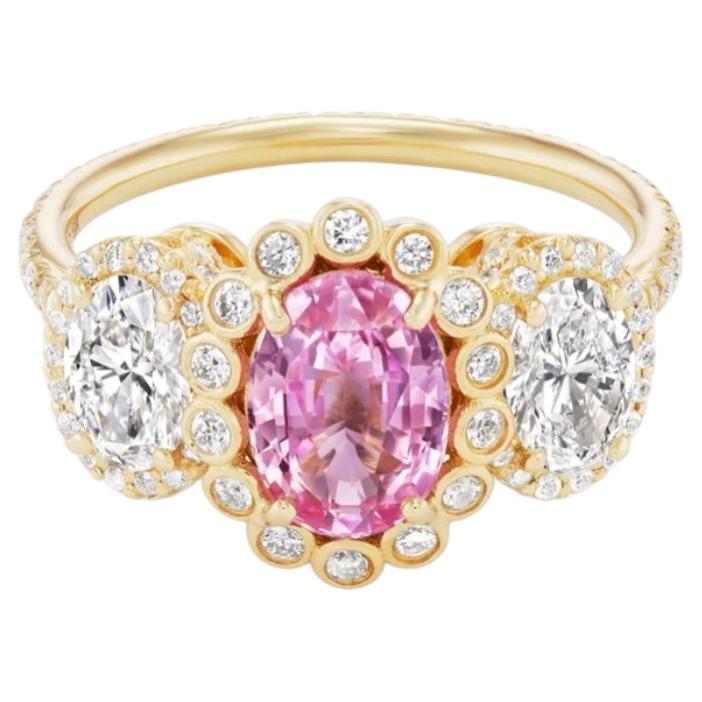 18K Gold Cathedral Ring. Padparadscha Sapphire & GIA Diamonds by Erica Courtney For Sale