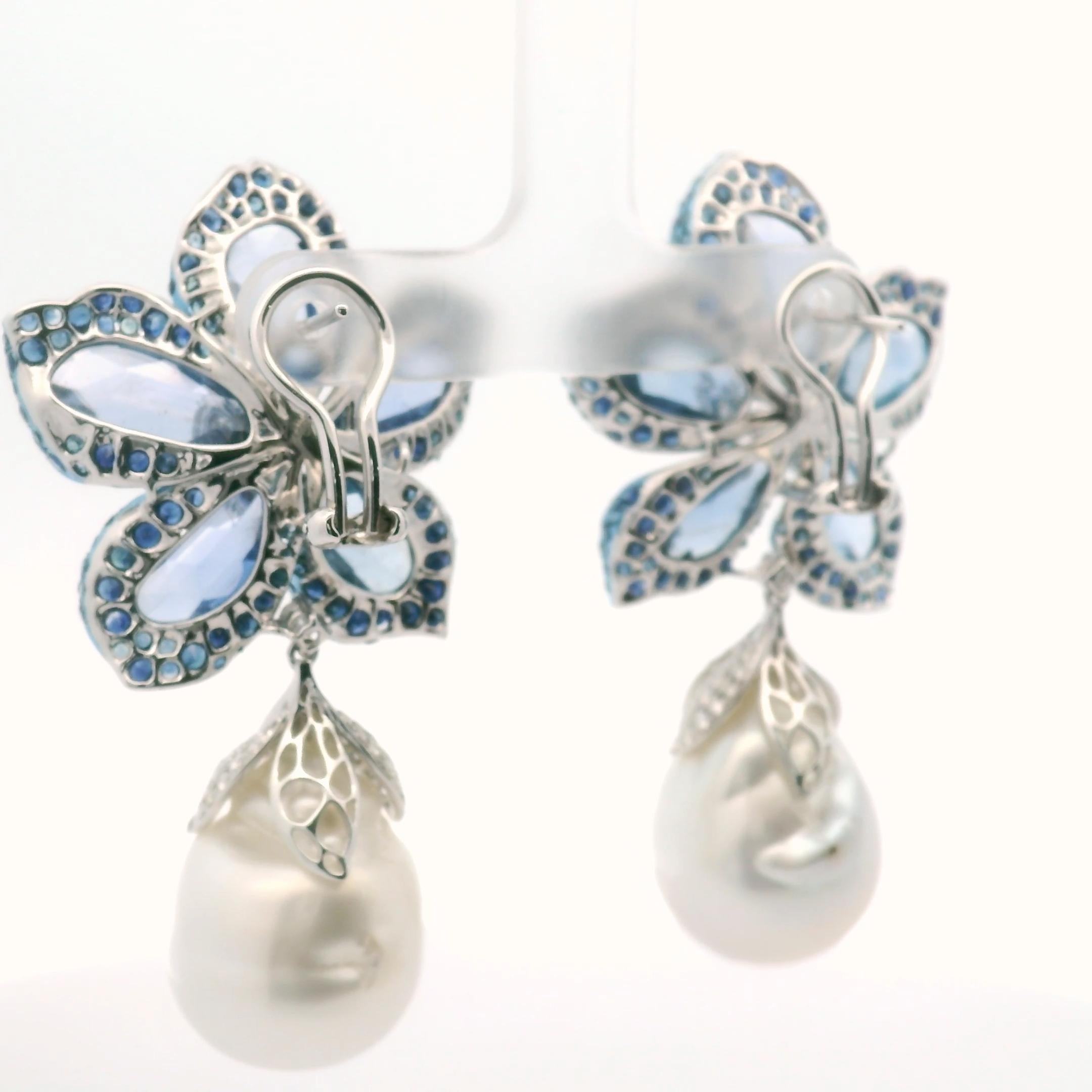 Boucles d'oreilles fantaisie en or 18 carats, saphir de Ceylan et diamants, perles baroques des mers du Sud en vente 4