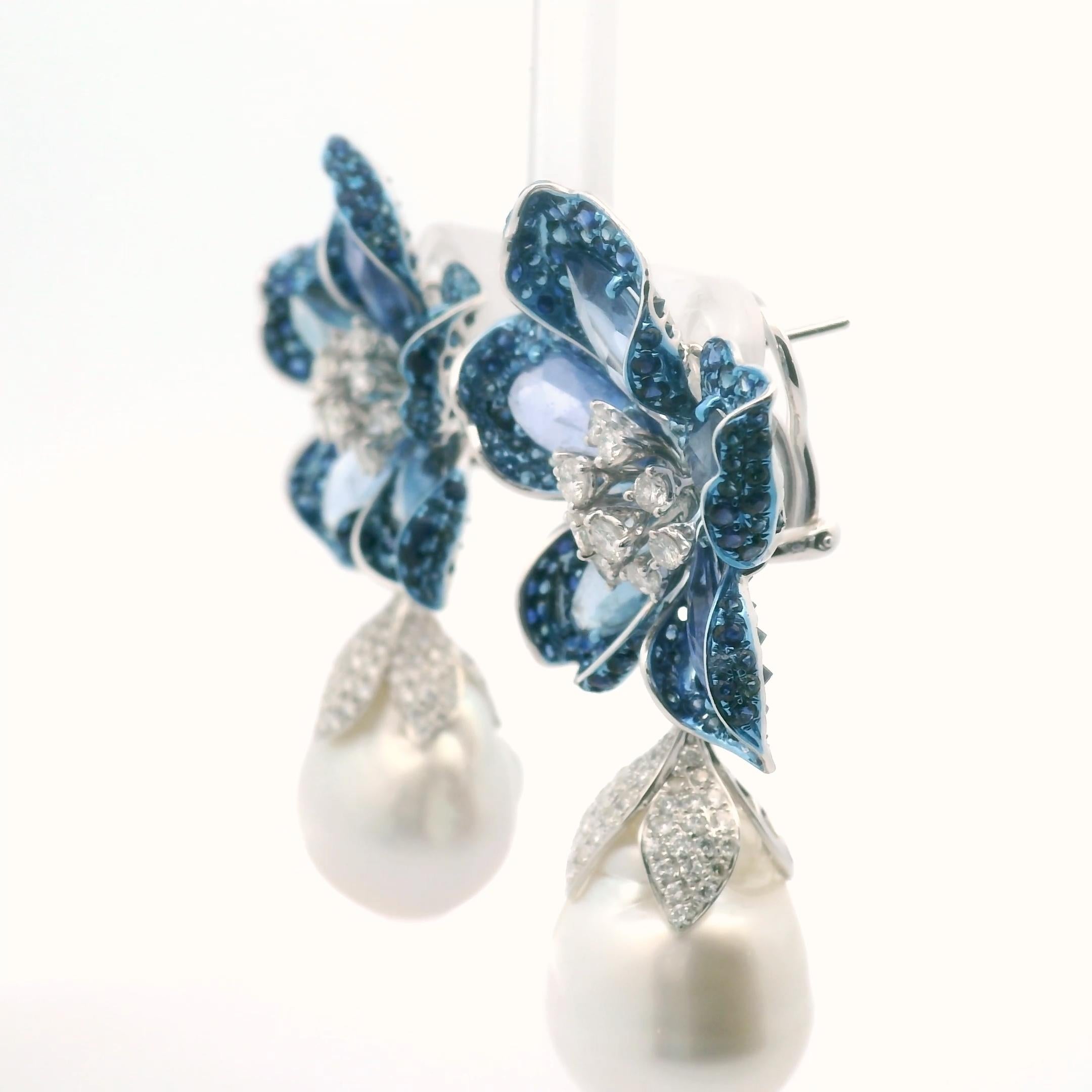 Boucles d'oreilles fantaisie en or 18 carats, saphir de Ceylan et diamants, perles baroques des mers du Sud Pour femmes en vente
